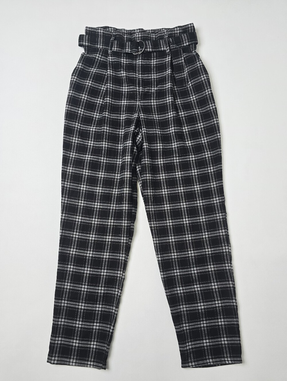 Hollister Ultra High Rise Paperbag Belted Flannel Pants Black White Plaid Size S